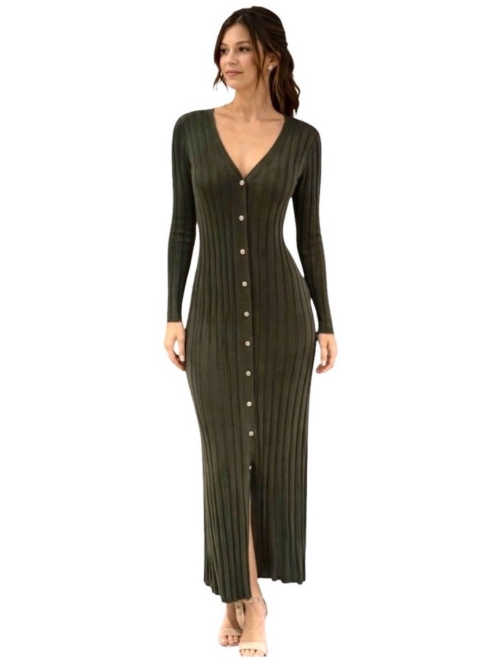 HOUSE OF HARLOW 1960 Olive Green Ribbed Button Front Maxi Dress